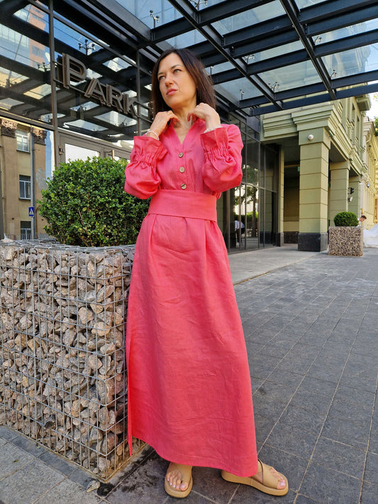 Women's long loose pink linen dress with a wide belt, ruffles on the collar and sleeves - Angelina. Dress by Morkva