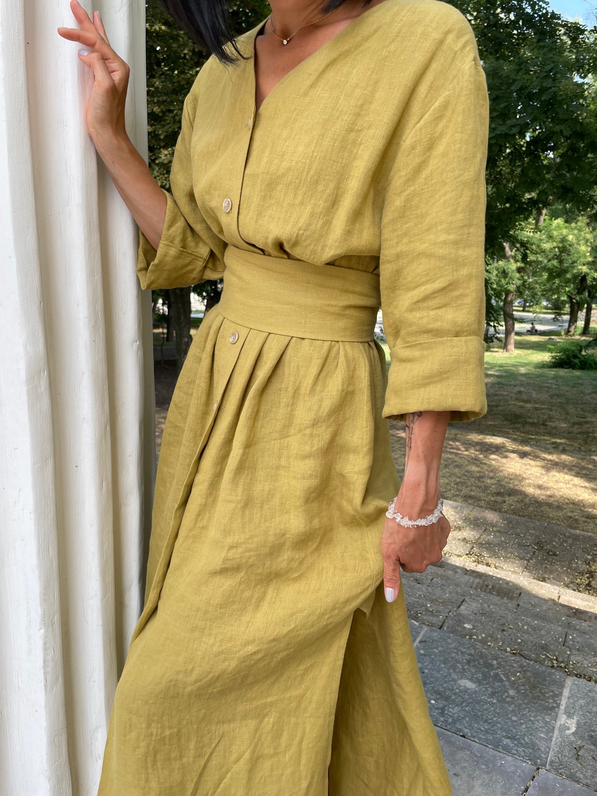 LINEN DRESS Long Midcalf Belt Dress / Linen Long Dress / Long Linen Dress  for Woman / Waist Belt Dress/ A Dress / Loungewear Len.ok 